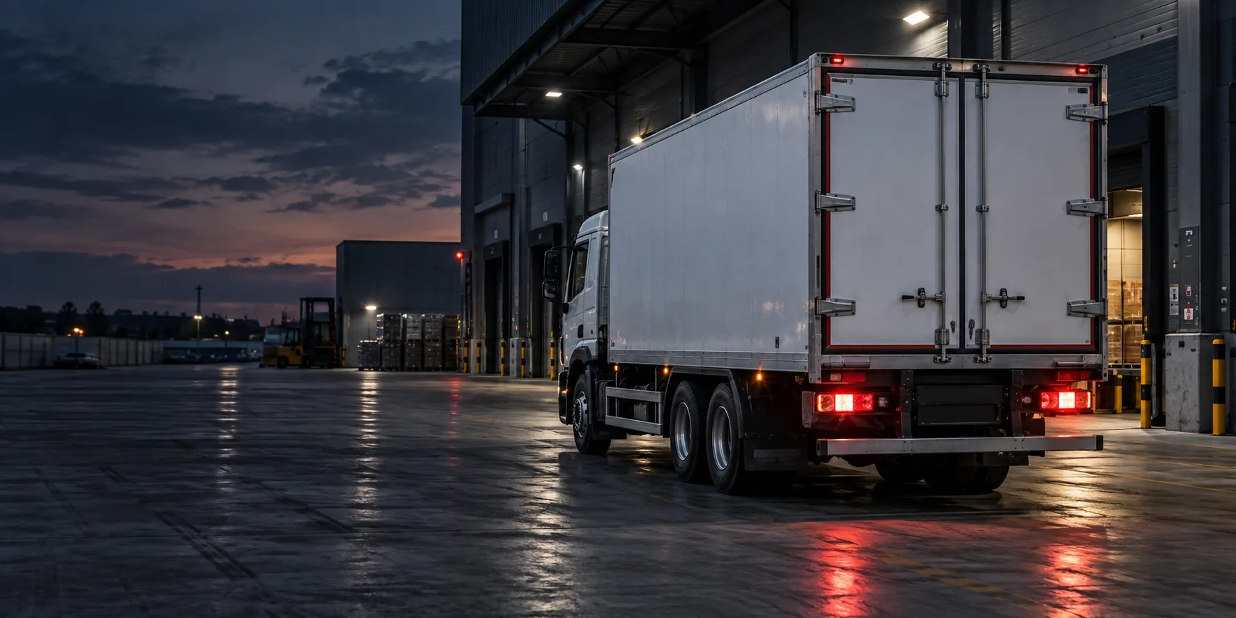 Illustrative reefer vehicle at a loading bay, showing rear doors and illuminated tail lamps