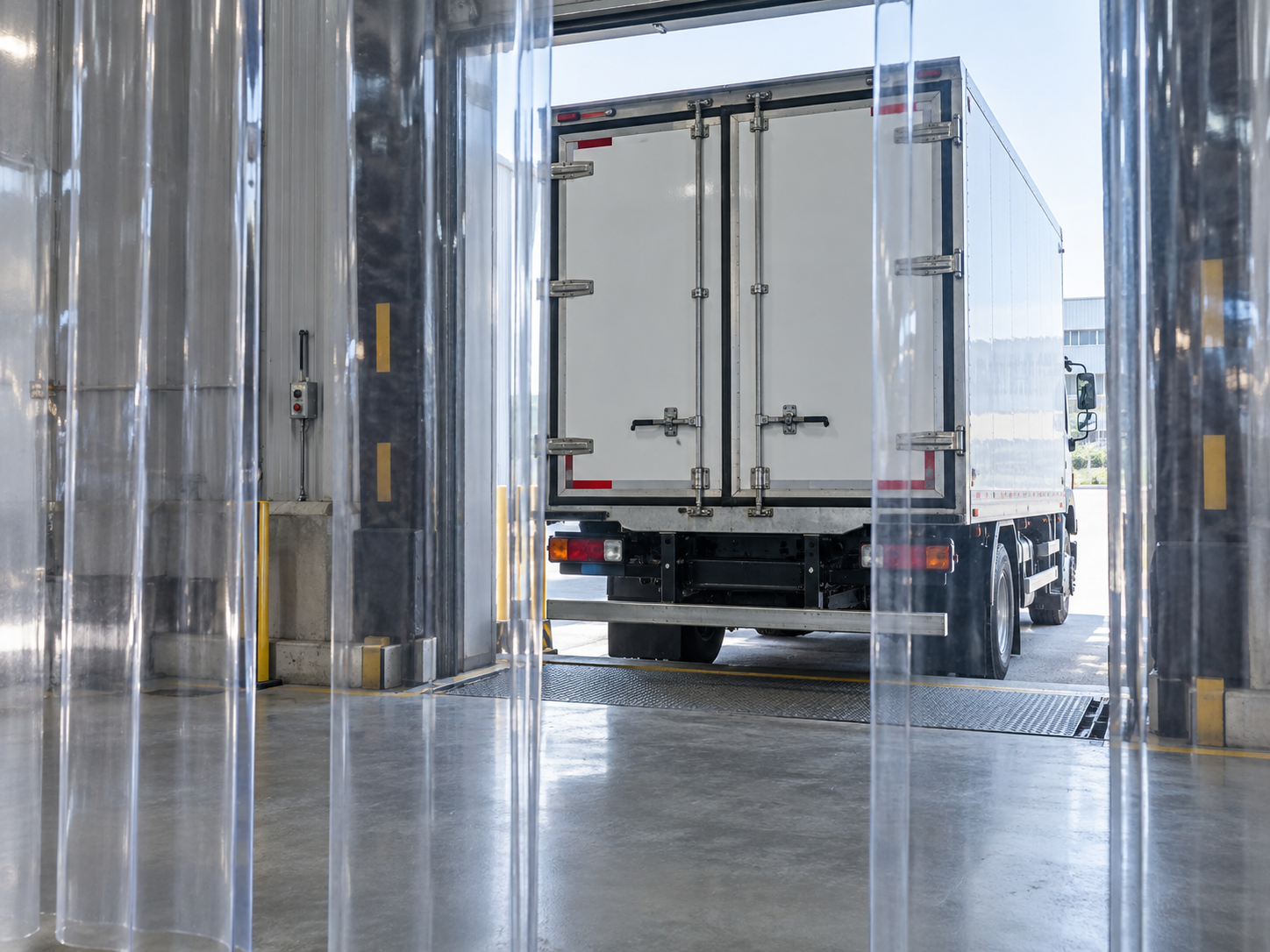 Transparent PVC strip curtains at a refrigerated vehicle loading bay